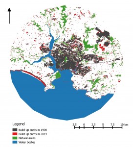 Map showing urban sprawl over last 25 years in the areas surrounding Plymouth