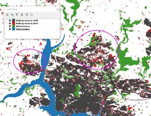 Detailed map showing the key urban sprawl around Plymouth over last 25 years
