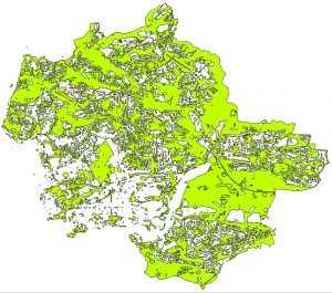 2016 map of green spaces in Plymouth, using Sentinel-2 data courtesy of Copernicus/ESA.