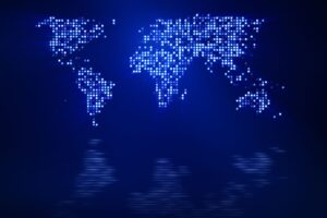 Digital blue world map, code, 123RF, Gonin